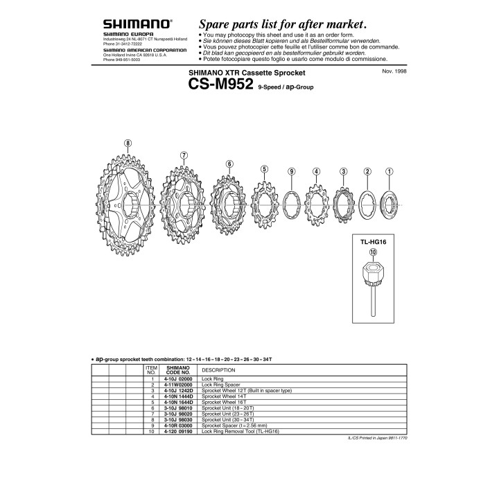 Sprocket Shimano CS-M952 30-34T - Pignă