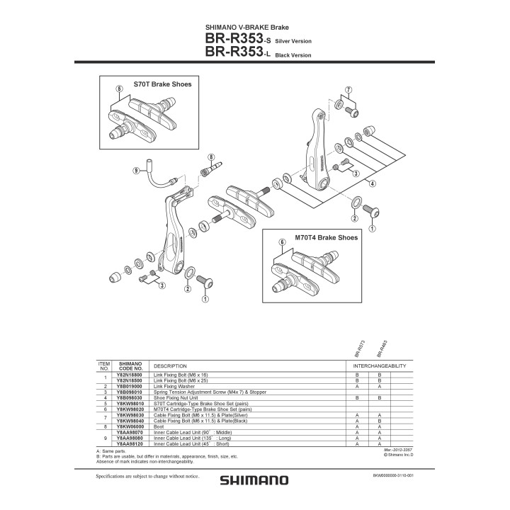 Saboti Frână Shimano BR-R353 S70T - 1 Pereche