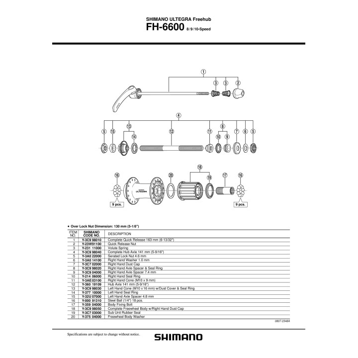 Distanțier Ax Shimano FH-6600 Dreapta Capăt Etanș