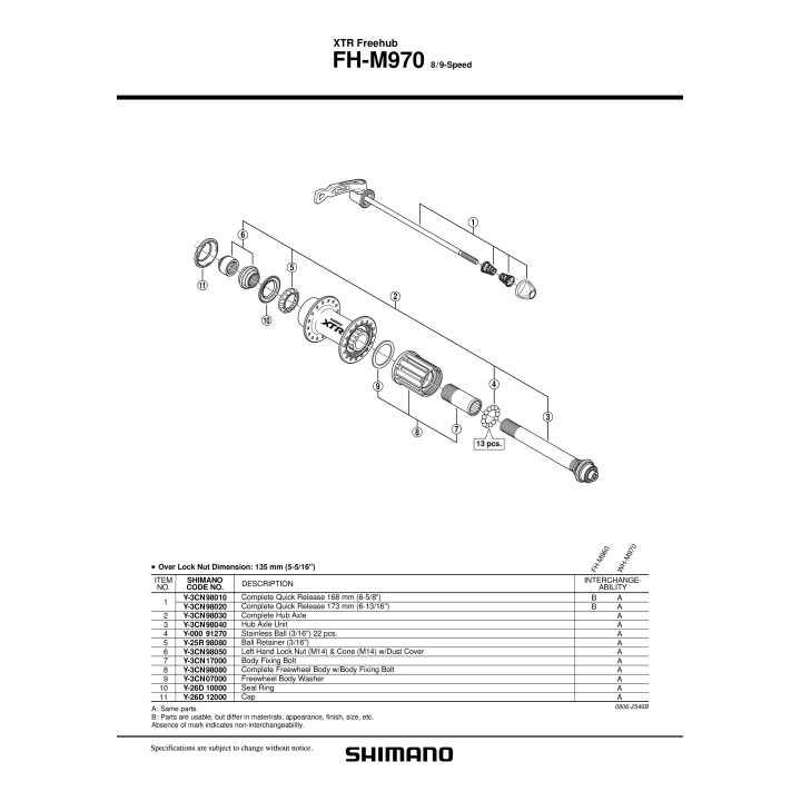 Cheie Rapidă Shimano FH-M970 168mm