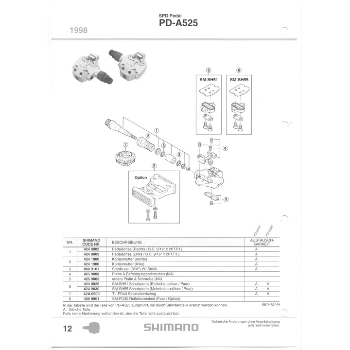Plăcuțe Pedale Shimano PD-A525 + Șuruburi M4