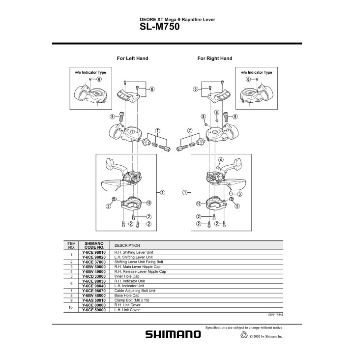 Manetă Schimbator Shimano SL-M750 Stânga