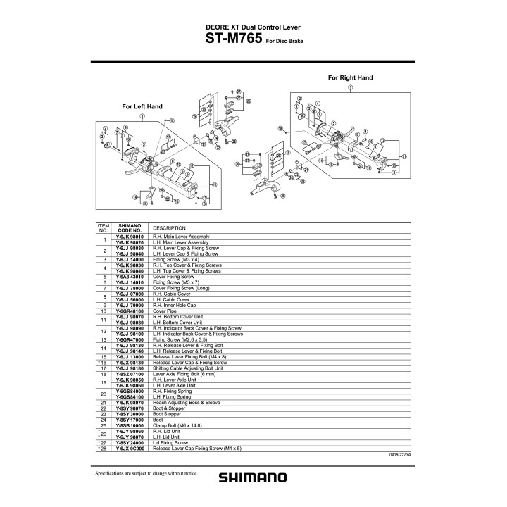 Ansamblu Maneta Dreapta Shimano ST-M765